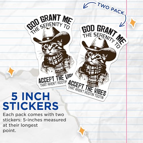 (2 Pack) Serenity Cat Stickers - Cowboy Cat Decal - Inspirational Sticker - 5" On Longest Side - Sticks to Smooth Flat Surfaces - Made in USA - BMCS6002