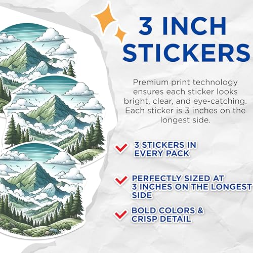 (3 Pack) Mountain Landscape Decals - Nature Scenery - Laptop Decals - 3 Inches On Longest Side - Easy Peel & Apply - Made in USA - 3MCS1154