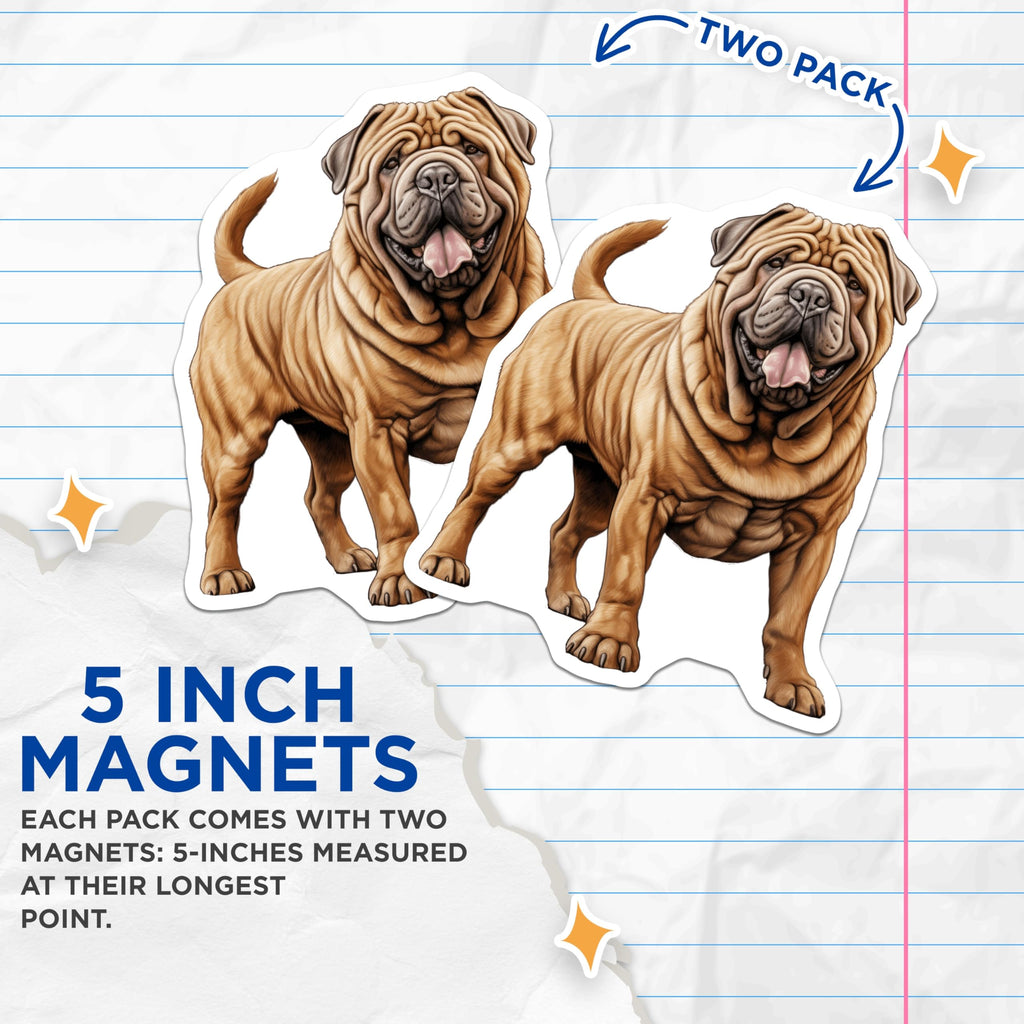 (2 Pack) Shar Pei Dog Magnets - Wrinkly Canine Breed Art - Pet Lover Refrigerator Decor - 5 Inches On Longest Side - Thick Durable Magnet - Made in USA - MAG26863