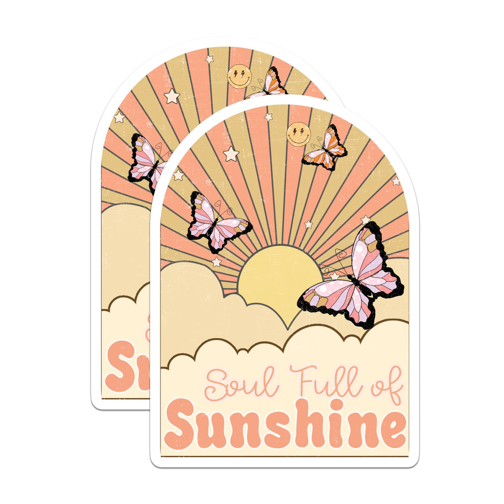 (2 Pack) Soul Full of Sunshine Stickers - Butterfly Sun Stickers - Vintage Aesthetic Decal - 5" On Longest Side - Sticks to Smooth Flat Surfaces - Made in USA - BMCS7274