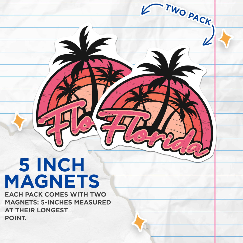 (2 Pack) Florida Magnets - Retro Palm Tree Souvenir - Sunshine State Travel Decor - 5" On Longest Side - Premium Magnet - for Cars, Refrigerators, Toolboxes, Lockers - Made in USA - MAG17199