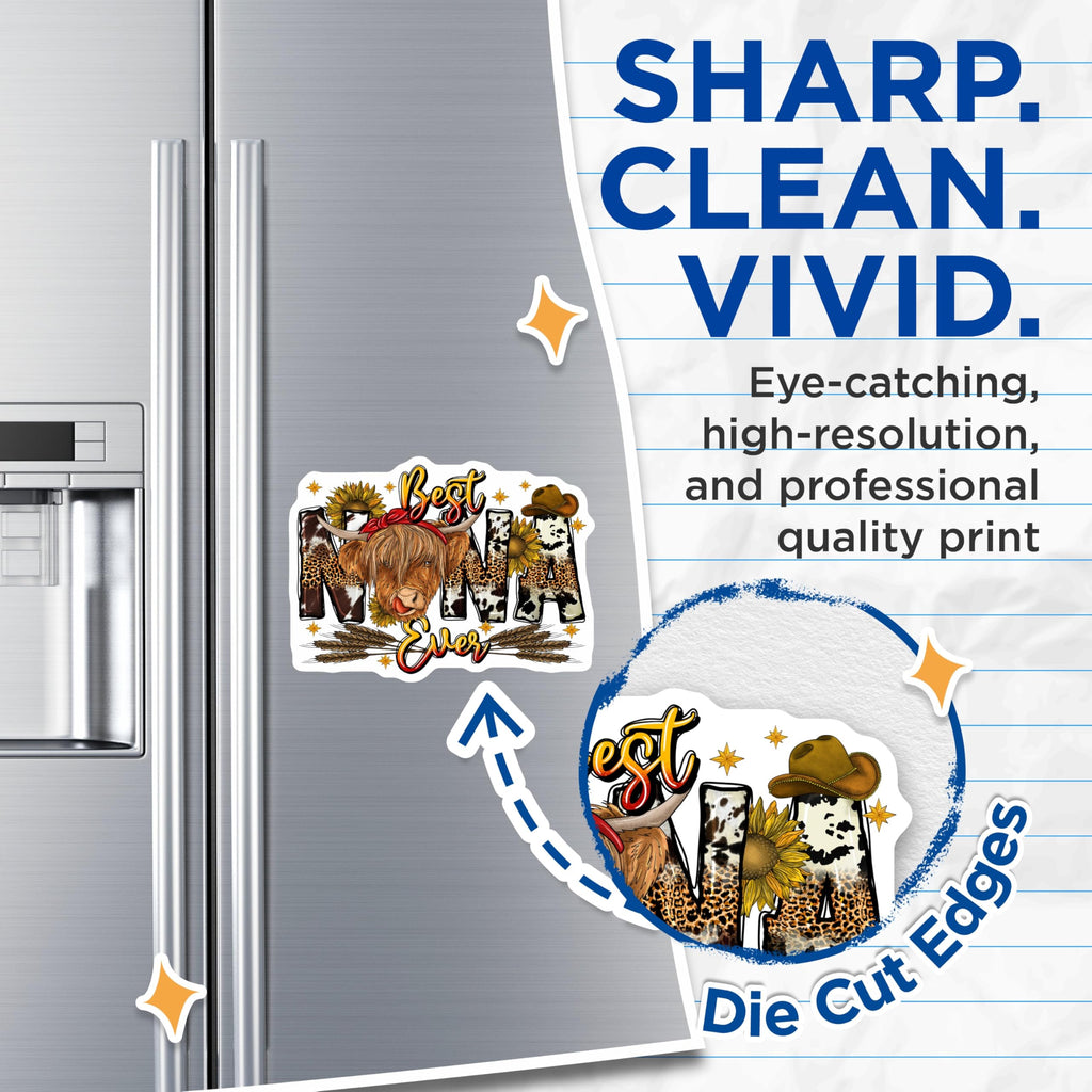 (2 Pack) Highland Cow Mama Magnets - Best Mama Ever Decor - Rustic Cow Print Refrigerator Magnets - 5 Inches On Longest Side - Thick Durable Magnet - Made in USA - MAG30528