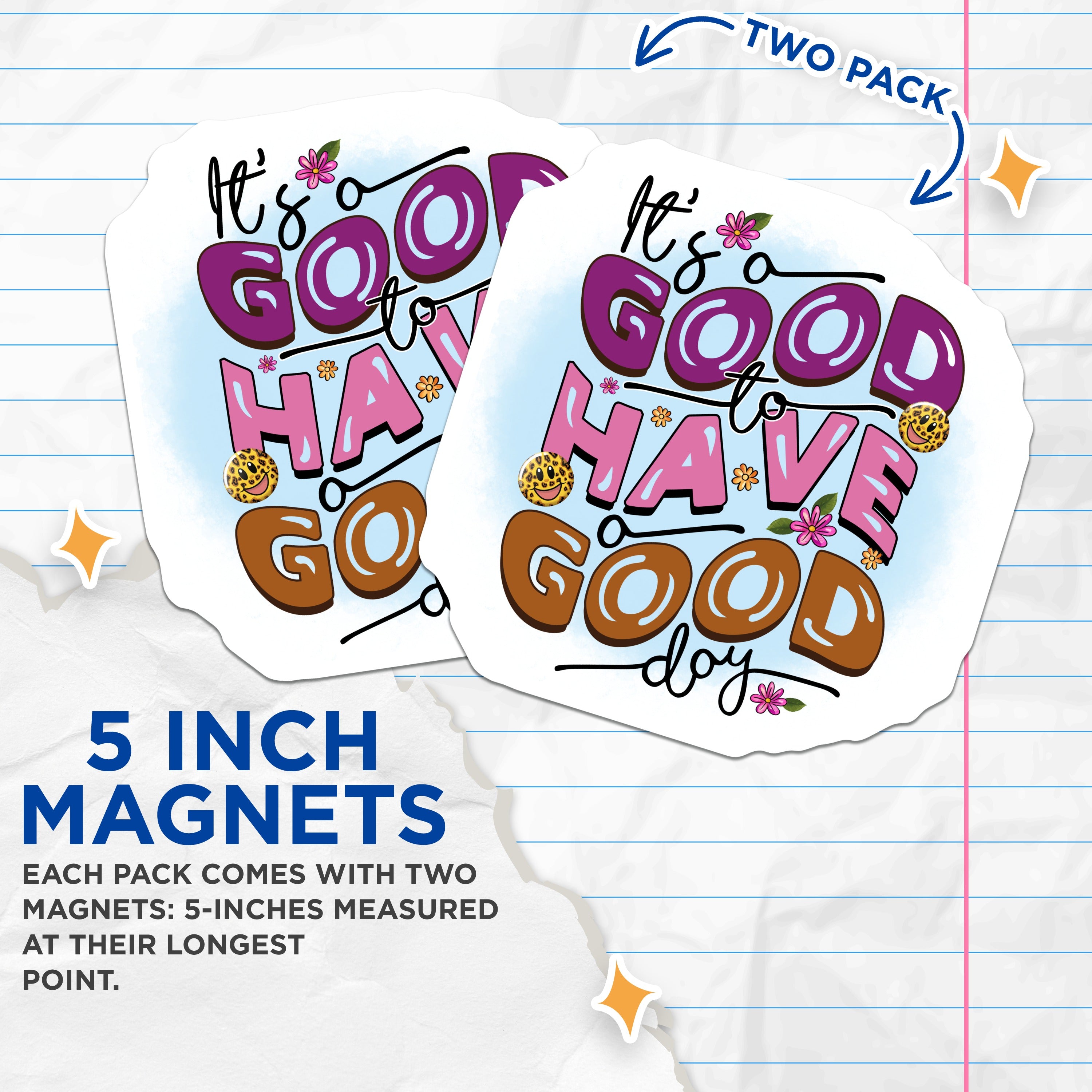 (2 Pack) Good Day Quote Magnets - Retro Smiley Face Decor - Y2K Aesthetic Refrigerator Locker Magnets - 5 Inches On Longest Side - Thick Durable Magnet - Made in USA - MAG37941