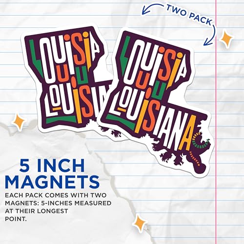 (2 Pack) Louisiana State Magnets - Colorful Louisiana Art - Ative State Magnets for Fridge - 5" On Longest Side - for Cars, Fridges, Toolboxes - Made in USA - MAG3903