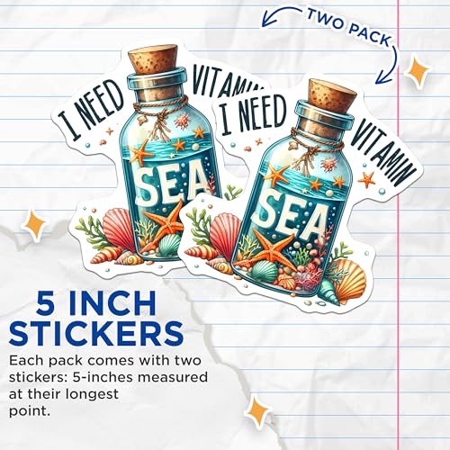 (2 Pack) I Need Vitamin SEA Stickers - Ocean Sticker - Beach Themed Sticker - 5" On Longest Side - Sticks to Smooth Flat Surfaces - Made in USA - BMCS9297