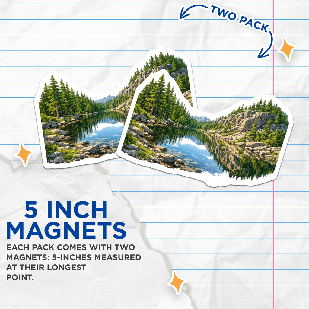 (2 Pack) Mountain Lake Landscape Magnets - Serene Forest View - Wilderness Nature Decor - Evergreen Tree Reflections Fridge Art - 5" - Durable Magnet - Made in USA - MAG37828