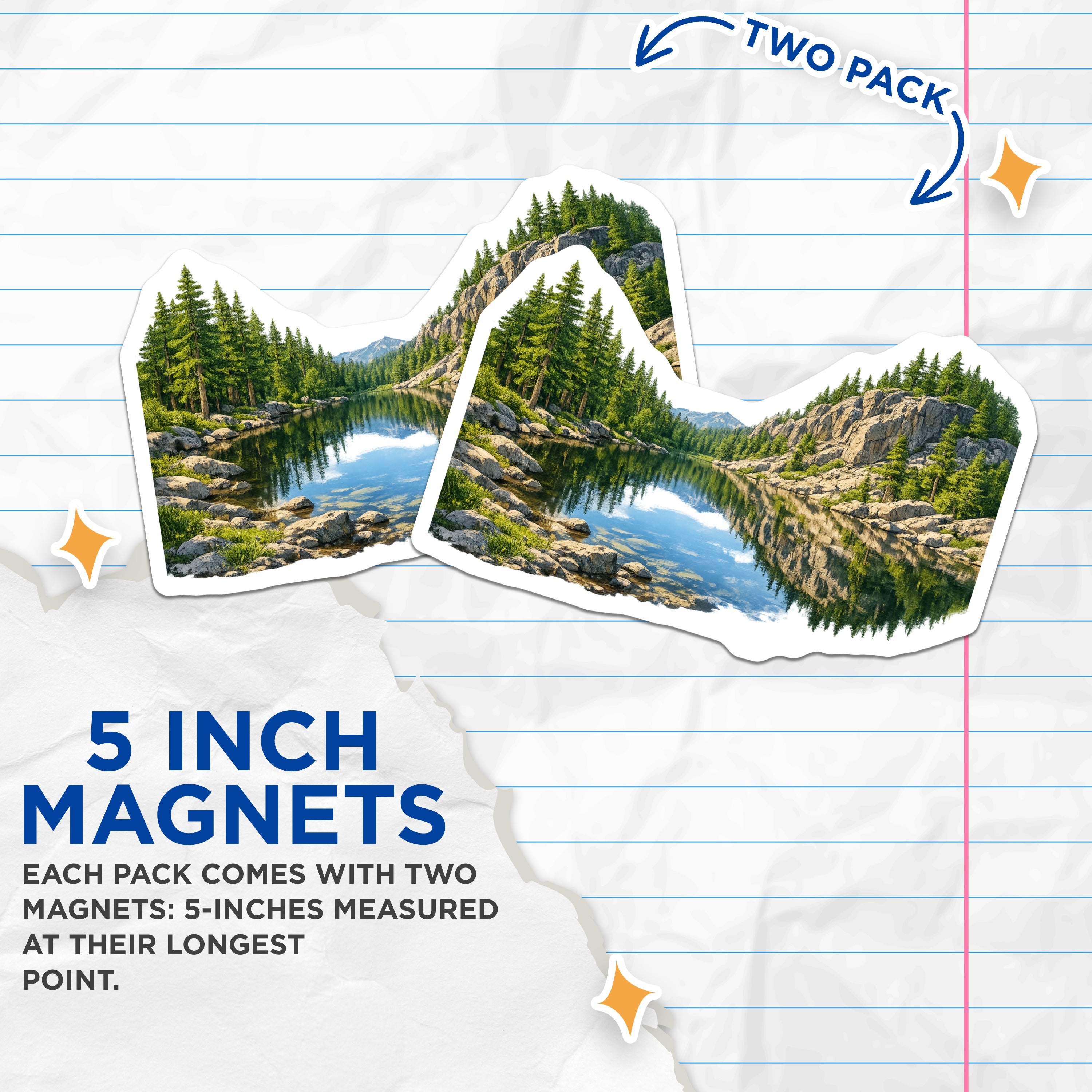 (2 Pack) Mountain Lake Landscape Magnets - Serene Forest View - Wilderness Nature Decor - Evergreen Tree Reflections Fridge Art - 5" - Durable Magnet - Made in USA - MAG37828