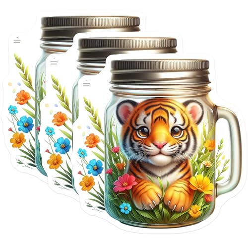 (3 Pack) Cute Tiger Decals - Floral Decor Sticker - Kitten in a Jar Vinyl Stickers - 3 Inches On Longest Side - Easy Peel & Apply - Made in USA - 3MCS8122
