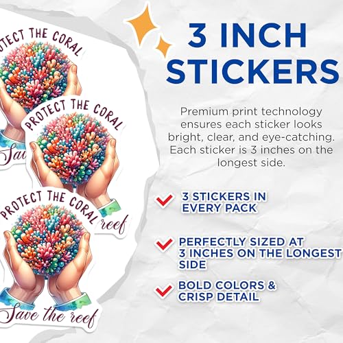 (3 Pack) Coral Reef Decals - Protect The Coral - Save The Reef Laptop Decals - 3 Inches On Longest Side - Easy Peel & Apply - Made in USA - 3MCS6728