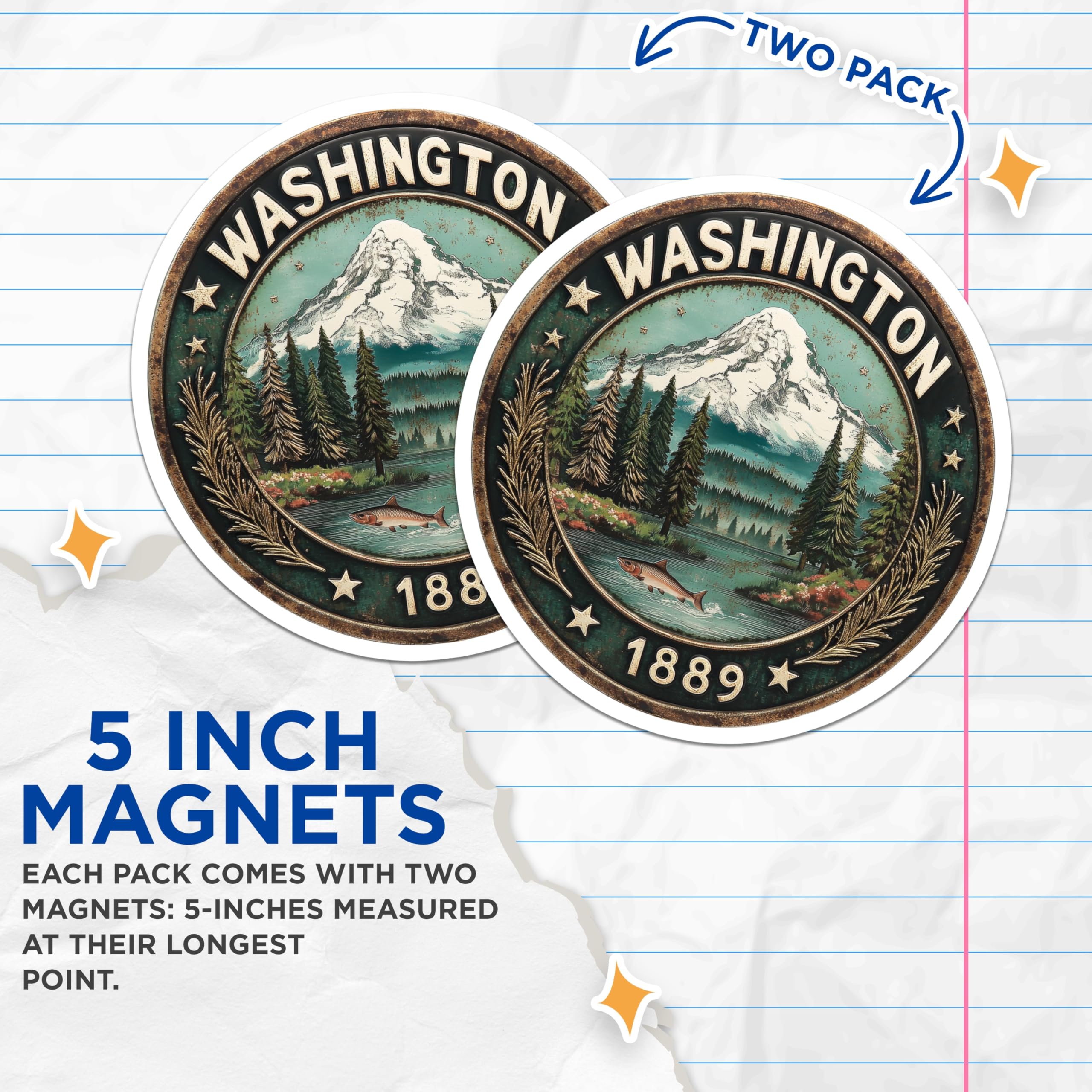 (2 Pack) Washington State Magnets - Mountain Scene - Pacific Northwest Decor - 5" On Longest Side - Premium Magnet - for Cars, Refrigerators, Toolboxes, Lockers - Made in USA - MAG15363