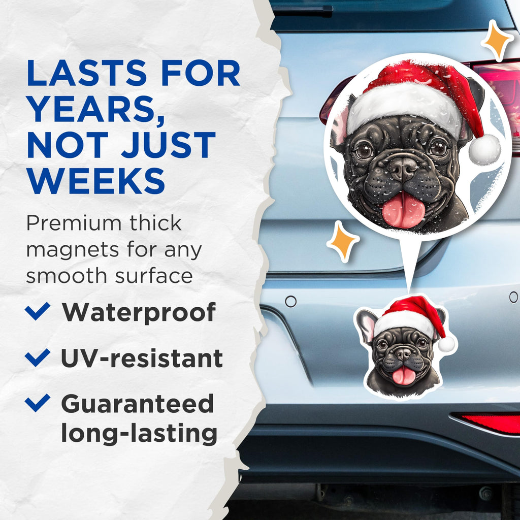 (2 Pack) French Bulldog Christmas Magnets - Santa Hat Dog Decor - Holiday Pet Accessory - 5 Inches On Longest Side - Thick Durable Magnet - Made in USA - MAG29144