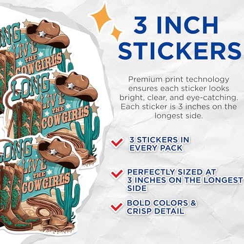 (3 Pack) Long Live Cowgirls Decals - Western Theme - Cowboy Boot Laptop Decal - 3 Inches On Longest Side - Easy Peel & Apply - Made in USA - 3MCS0592