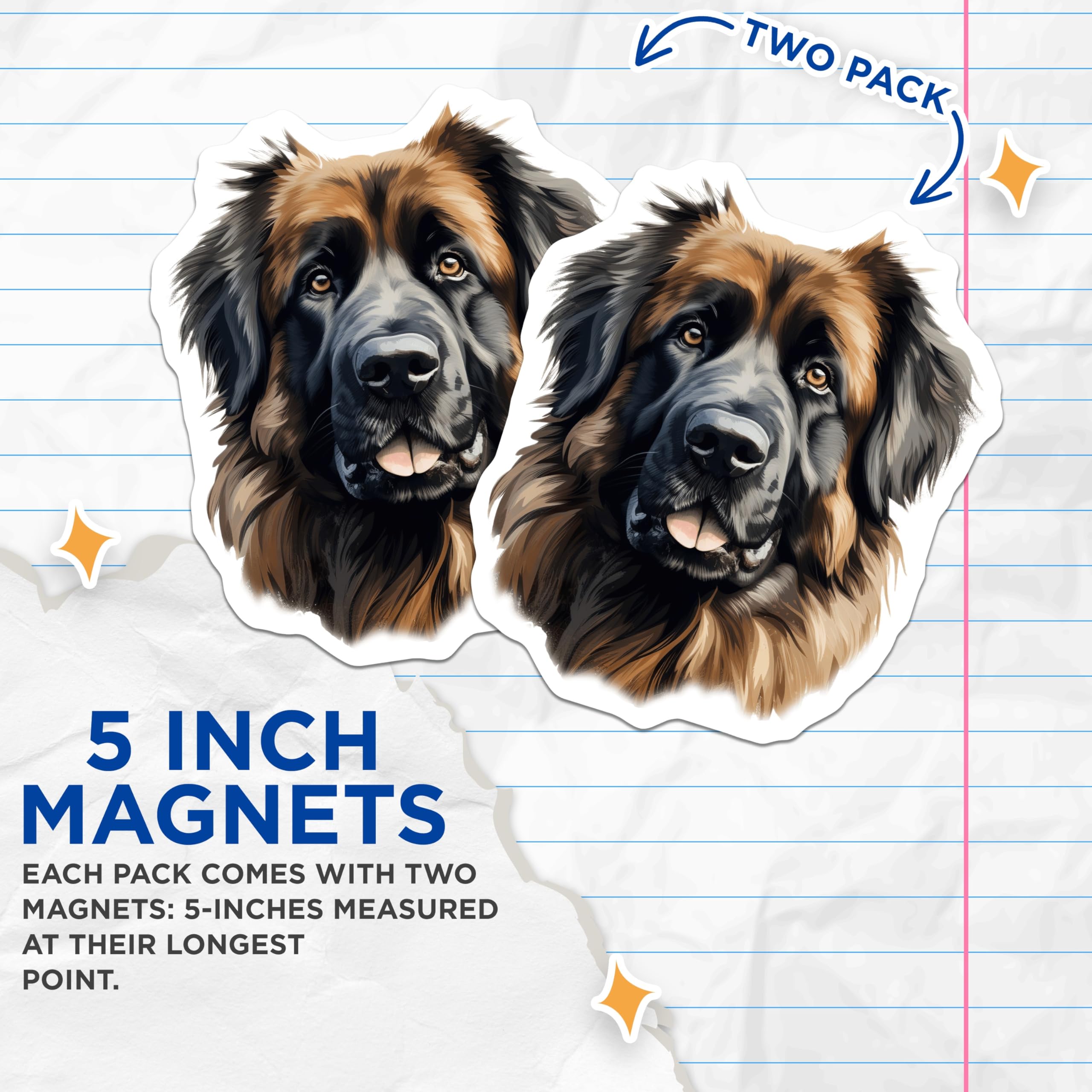 (2 Pack) Leonberger Dog Magnets - Fluffy Dog Portrait - Dog Lover Home Decor - 5 Inches On Longest Side - Thick Durable Magnet - Made in USA - MAG26531
