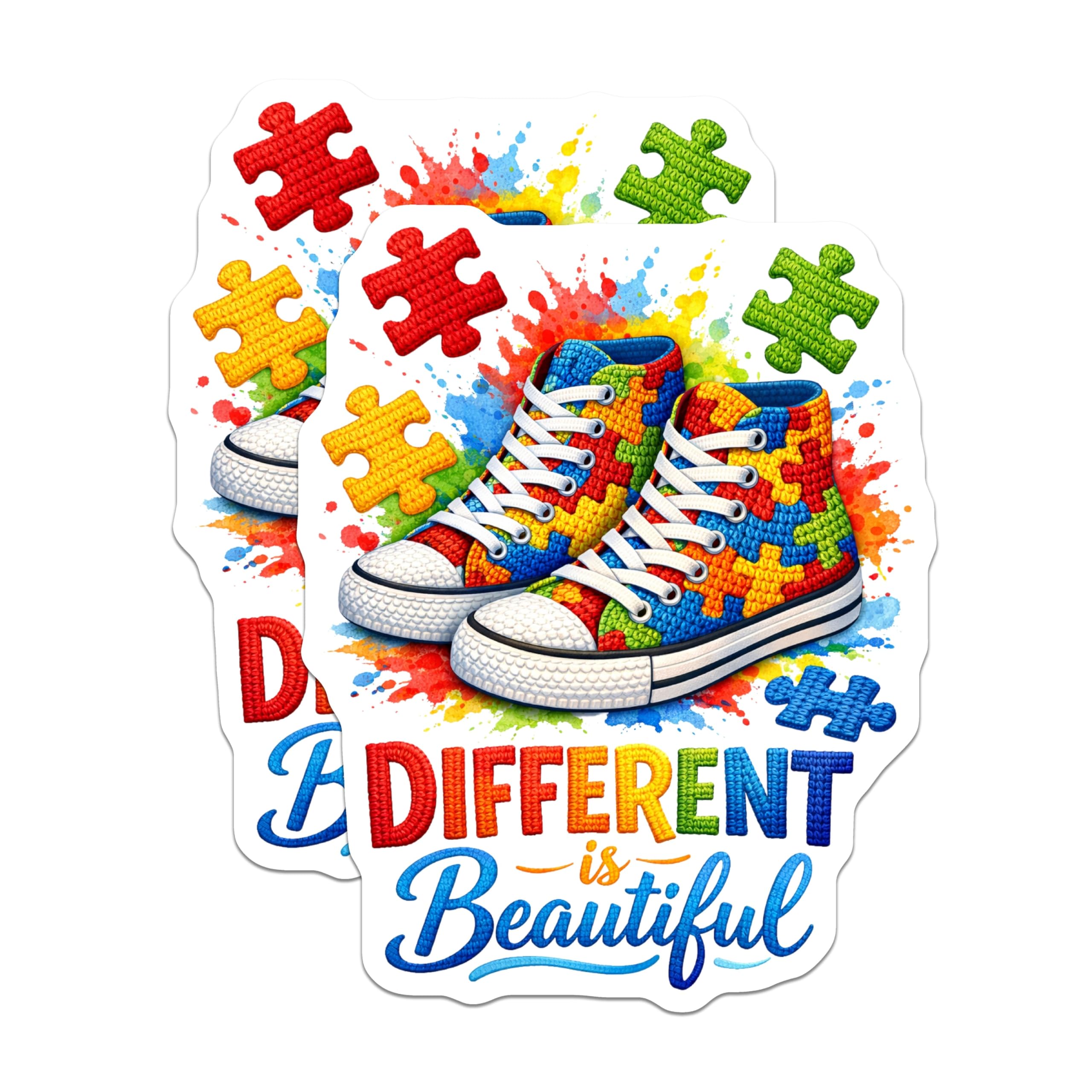 (2 Pack) Autism Awareness Magnets - Puzzle Piece Sneakers - Different is Beautiful Message - Neurodiversity Inclusion Decor - 5 Inches On Longest Side - Thick Durable Magnet - Made in USA - MAG21981