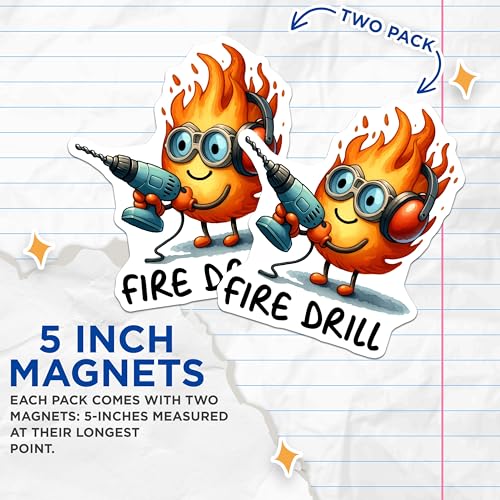 (2 Pack) Fire Drill Magnets - Cute Fire Character - Fun Kitchen Decor - Kids Safety Reminder - Fire Safety Training - 5" On Longest Side - for Cars, Fridges, Toolboxes - Made in USA - MAG7596