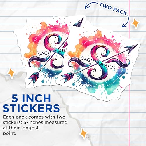 (2 Pack) Sagittarius Zodiac Stickers - Astrology Sign - Colorful Arrow Design - 5" On Longest Side - Sticks to Smooth Flat Surfaces - Made in USA - BMCS6915