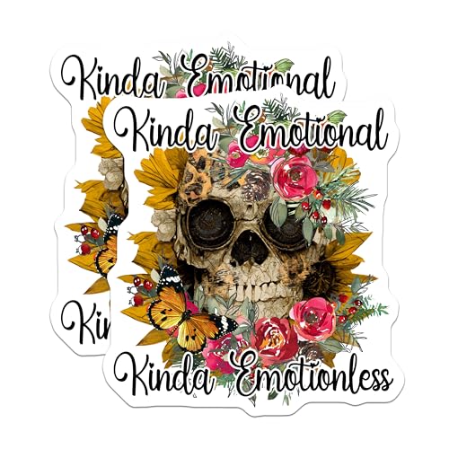 (2 Pack) Kinda Emotional Kinda Emotionless Stickers - Skull Stickers - Floral Butterfly Stickers - Halloween Stickers - 5" On Longest Side - Sticks to Smooth Flat Surfaces - Made in USA - BMCS5701