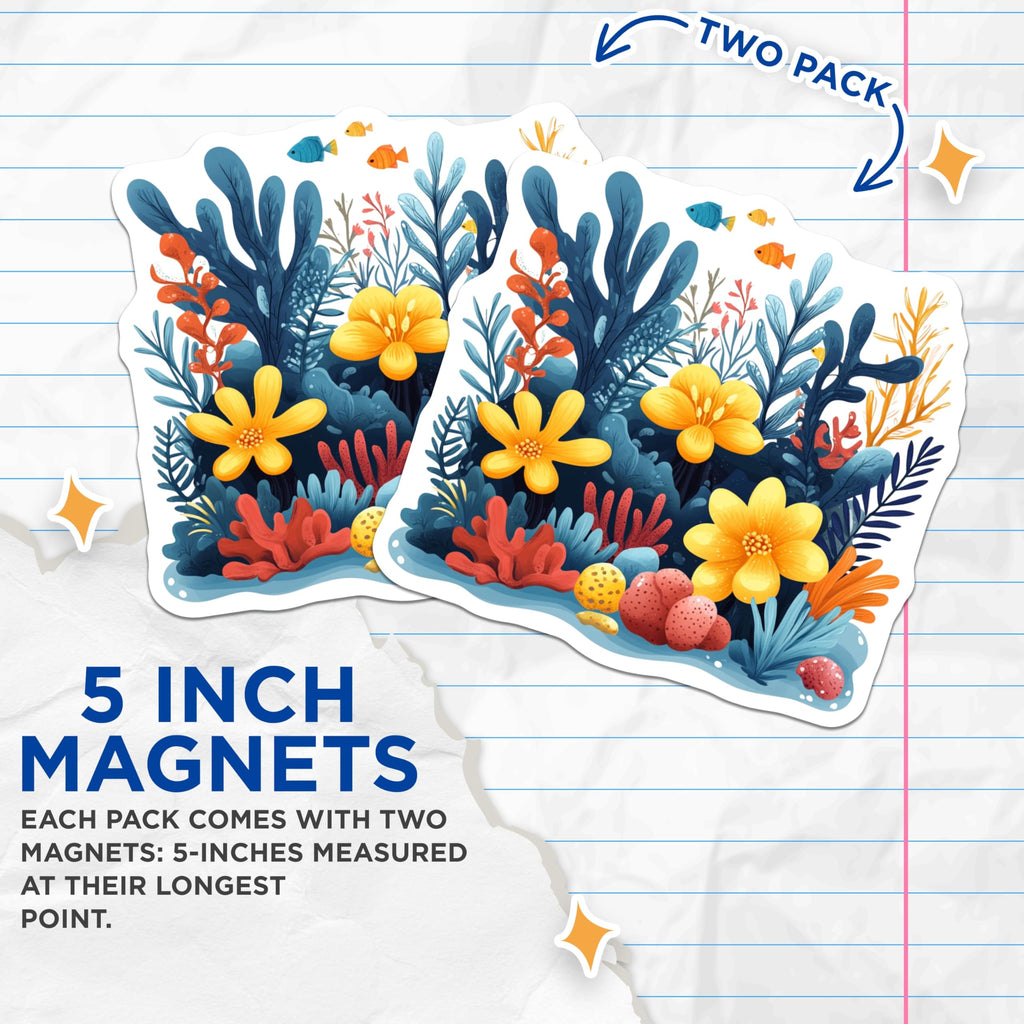 (2 Pack) Ocean Coral Reef Magnets - Marine Life Fridge Decor - Whimsical Underwater Art - 5 Inches On Longest Side - Thick Durable Magnet - Made in USA - MAG25190