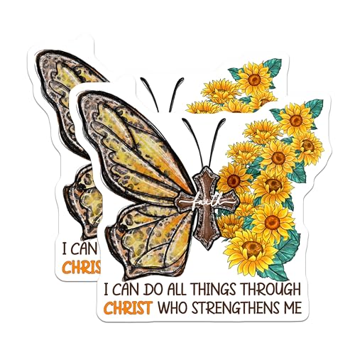 (2 Pack) Inspirational Faith Stickers - Religious Butterfly Stickers - Motivational Sunflower Stickers - 5" On Longest Side - Sticks to Smooth Flat Surfaces - Made in USA - BMCS6206