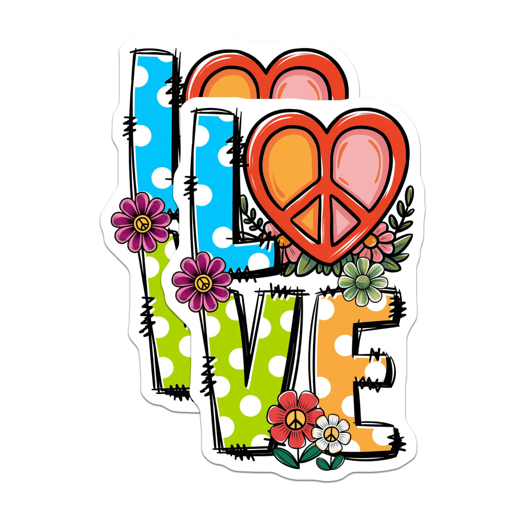 (2 Pack) Love Peace Stickers - Floral Design - Groovy Stickers - 5" On Longest Side - Sticks to Smooth Flat Surfaces - Made in USA - BMCS14331