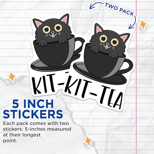 (2 Pack) Cute Cat Stickers - Funny Kit Tea Stickers - Black Cat in Teacup Decal - 5" On Longest Side - Sticks to Smooth Flat Surfaces - Made in USA - BMCS4807