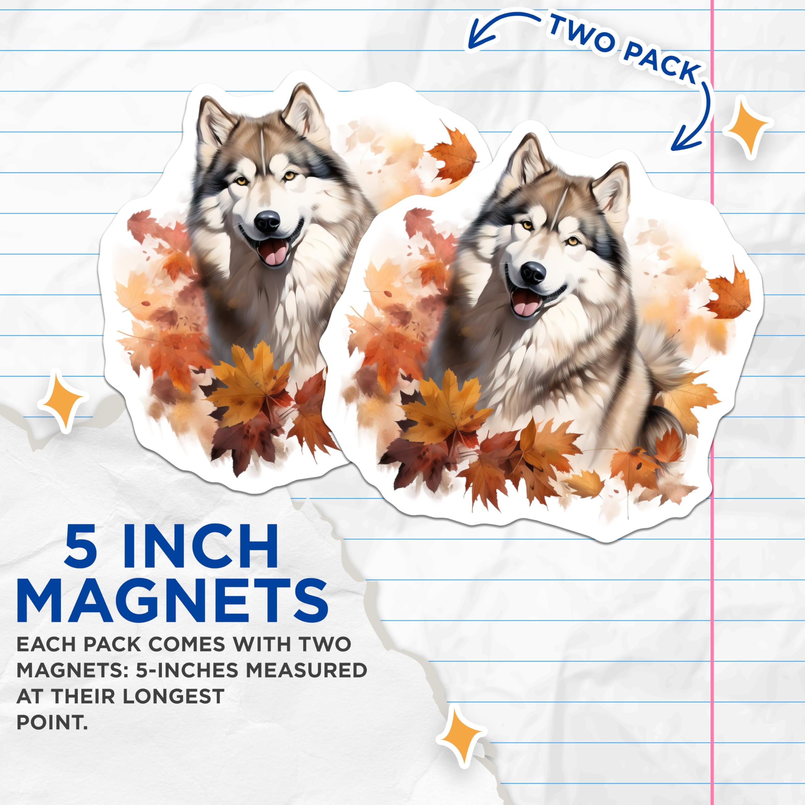 (2 Pack) Husky Autumn Magnets - Alaskan Malamute Decor - Fall Dog Fridge Accessory - 5 Inches On Longest Side - Thick Durable Magnet - Made in USA - MAG30649