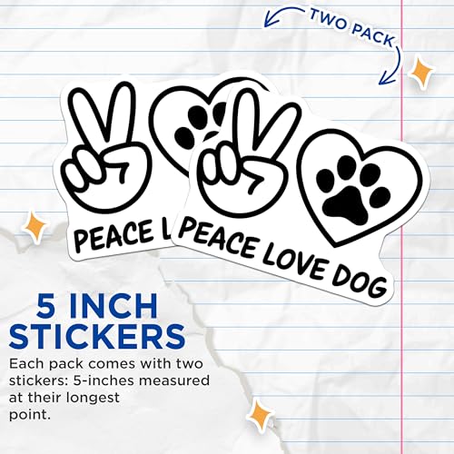 (2 Pack) Peace Love Dog Stickers - Dog Paw Stickers - Dog Lover Stickers - 5" On Longest Side - Sticks to Smooth Flat Surfaces - Made in USA - BMCS6616