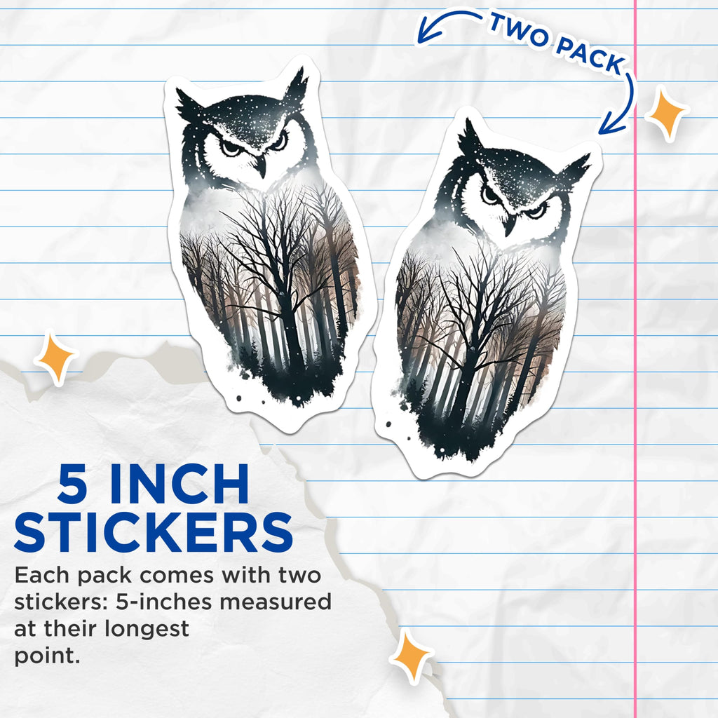 (2 Pack) Owl Stickers - Forest Scene Decals - Nature Lover Gift - 5" On Longest Side - Sticks to Smooth Flat Surfaces - Made in USA - BMCS15594