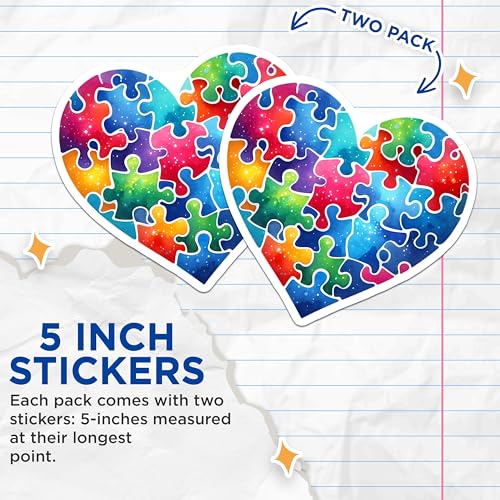 (2 Pack) Heart Puzzle Piece Stickers - Autism Awareness - Colorful Puzzle Heart Decal - 5" On Longest Side - Sticks to Smooth Flat Surfaces - Made in USA - BMCS7888