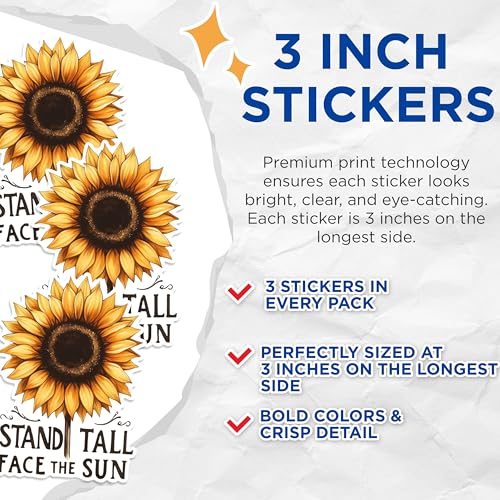 (3 Pack) Sunflower Decals - Stand Tall Face The Sun - Floral Laptop Decals - 3 Inches On Longest Side - Easy Peel & Apply - Made in USA - 3MCS1819