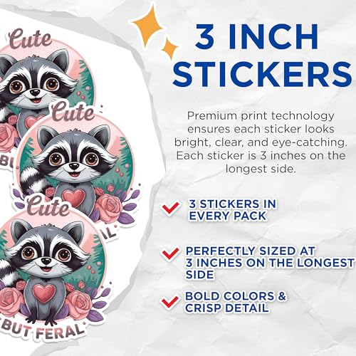 (3 Pack) Raccoon Decals - Cute But Feral - Laptop Decal - 3 Inches On Longest Side - Easy Peel & Apply - Made in USA - 3MCS1700