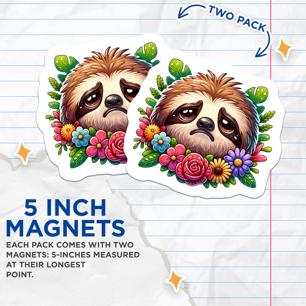 (2 Pack) Sad Sloth Magnets - Cute Crying Sloth Face - Vibrant Tropical Flowers Jungle Leaves - Animal Art Decor - 5 Inches On Longest Side - Thick Durable Magnet - Made in USA - MAG22669
