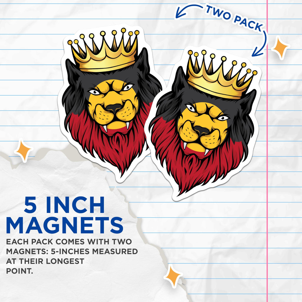 (2 Pack) Crowned Lion Magnets - King of Beasts Art - Regal Feline Home Decor - 5" On Longest Side - Premium Magnet - for Cars, Refrigerators, Toolboxes, Lockers - Made in USA - MAG18144