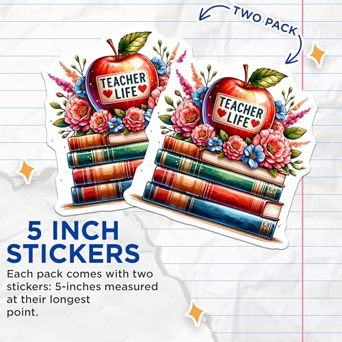 (2 Pack) Teacher Life Stickers - Apple and Floral Design - School Teacher Gifts - Classroom Decor - 5" On Longest Side - Sticks to Smooth Flat Surfaces - Made in USA - BMCS6713