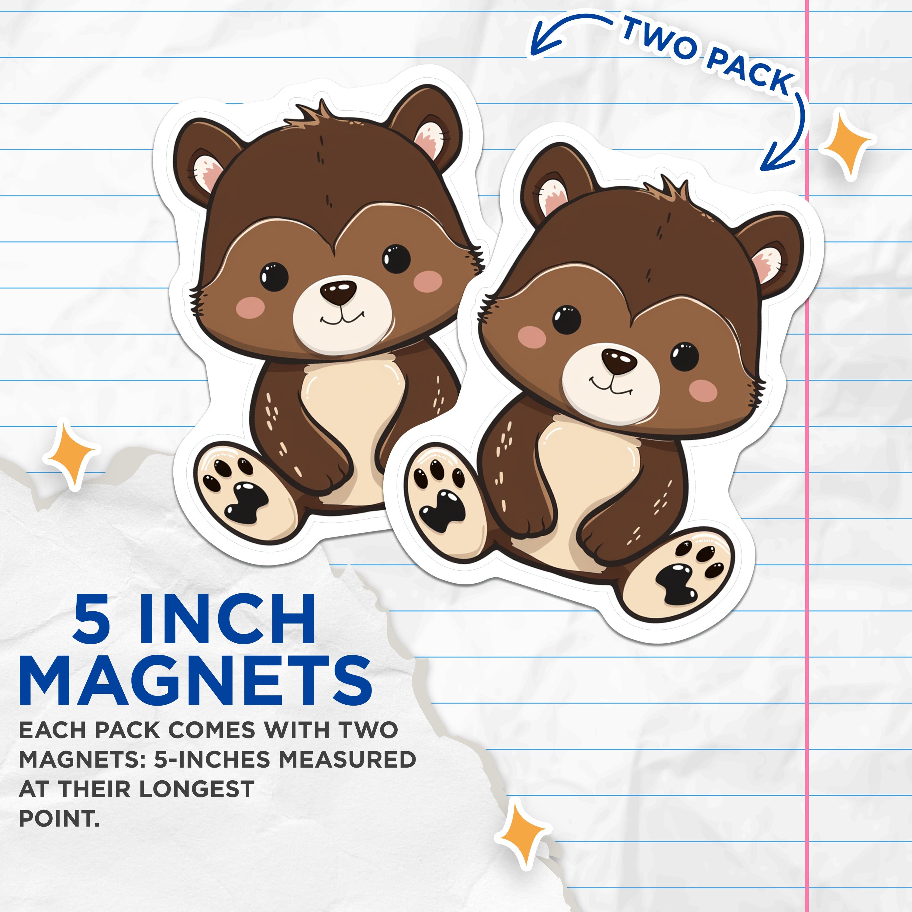 (2 Pack) Cute Bear Cub Magnets - Kawaii Woodland Animal - Kids Room Fridge Decor - 5 Inches On Longest Side - Thick Durable Magnet - Made in USA - MAG37779