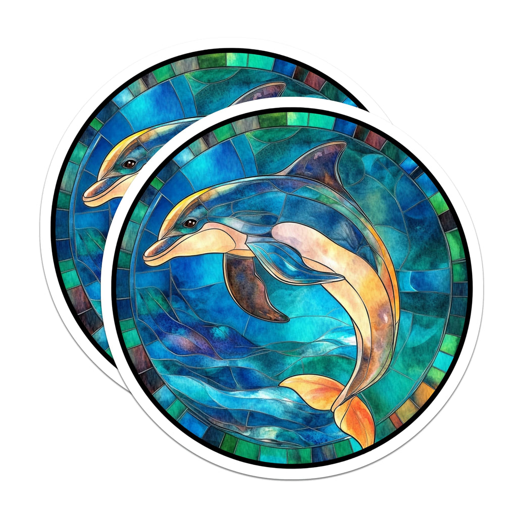 (2 Pack) Stained Glass Dolphin Magnets - Ocean Marine Life Decor - Artistic Fridge Accent for Coastal Home - 5 Inches On Longest Side - Thick Durable Magnet - Made in USA - MAG28850