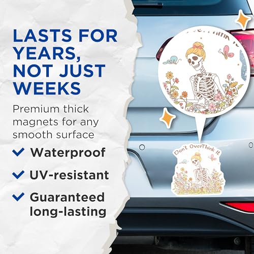 (2 Pack) Don't Overthink It Magnets - Skeleton Cute - Motivational Quote - Garden Decor - Inspirational Magnets - 5" On Longest Side - for Cars, Fridges, Toolboxes - Made in USA - MAG6697