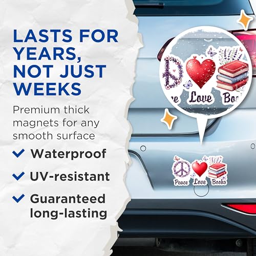 (2 Pack) Peace Love Books Magnets - Floral Peace Sign Magnets - Heart Love Magnets - Books Reading Enthusiast Magnets- 5" On Longest Side - for Fridges, Toolboxes, Cars - Made in USA - MAG2755