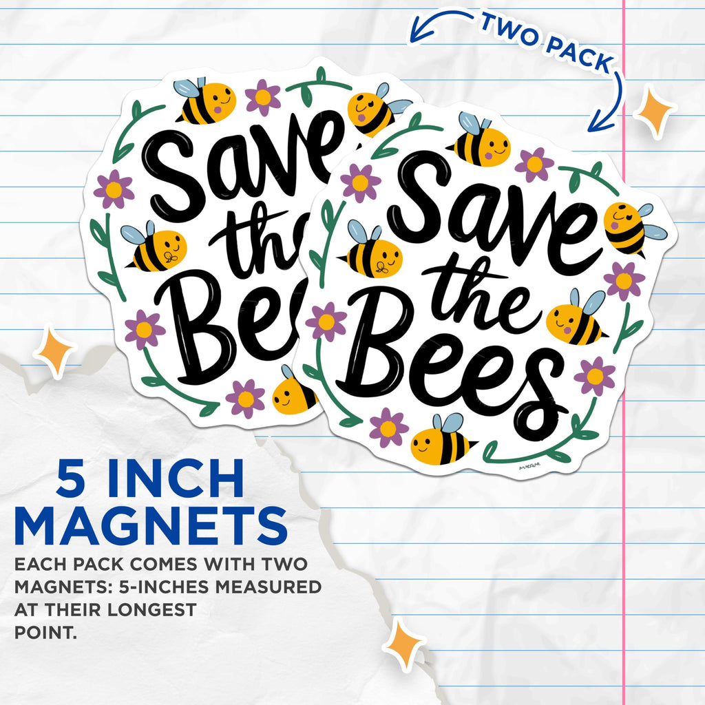(2 Pack) Save the Bees Magnets - Environmental Awareness - Cute Pollinator Art - Fridge Kitchen Decor - 5 Inches On Longest Side - Thick Durable Magnet - Made in USA - MAG20299
