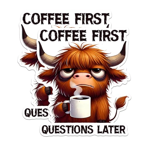 (2 Pack) Coffee First Questions Later Stickers - Funny Animal Coffee Stickers - Cute Morning Coffee Humor - 5" On Longest Side - Sticks to Any Smooth Flat Surface - Made in USA - BMCS2778