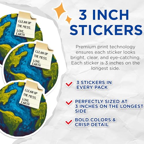 (3 Pack) Clean Up Earth Decals - Save Planet Sticker - Environmental Awareness Decal - 3 Inches On Longest Side - Easy Peel & Apply - Made in USA - 3MCS6453
