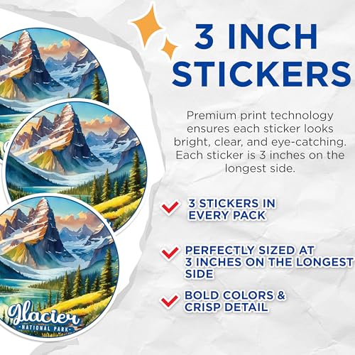 (3 Pack) Glacier National Park Decals - Laptop Decal - Scenic Decals - 3 Inches On Longest Side - Easy Peel & Apply - Made in USA - 3MCS0464