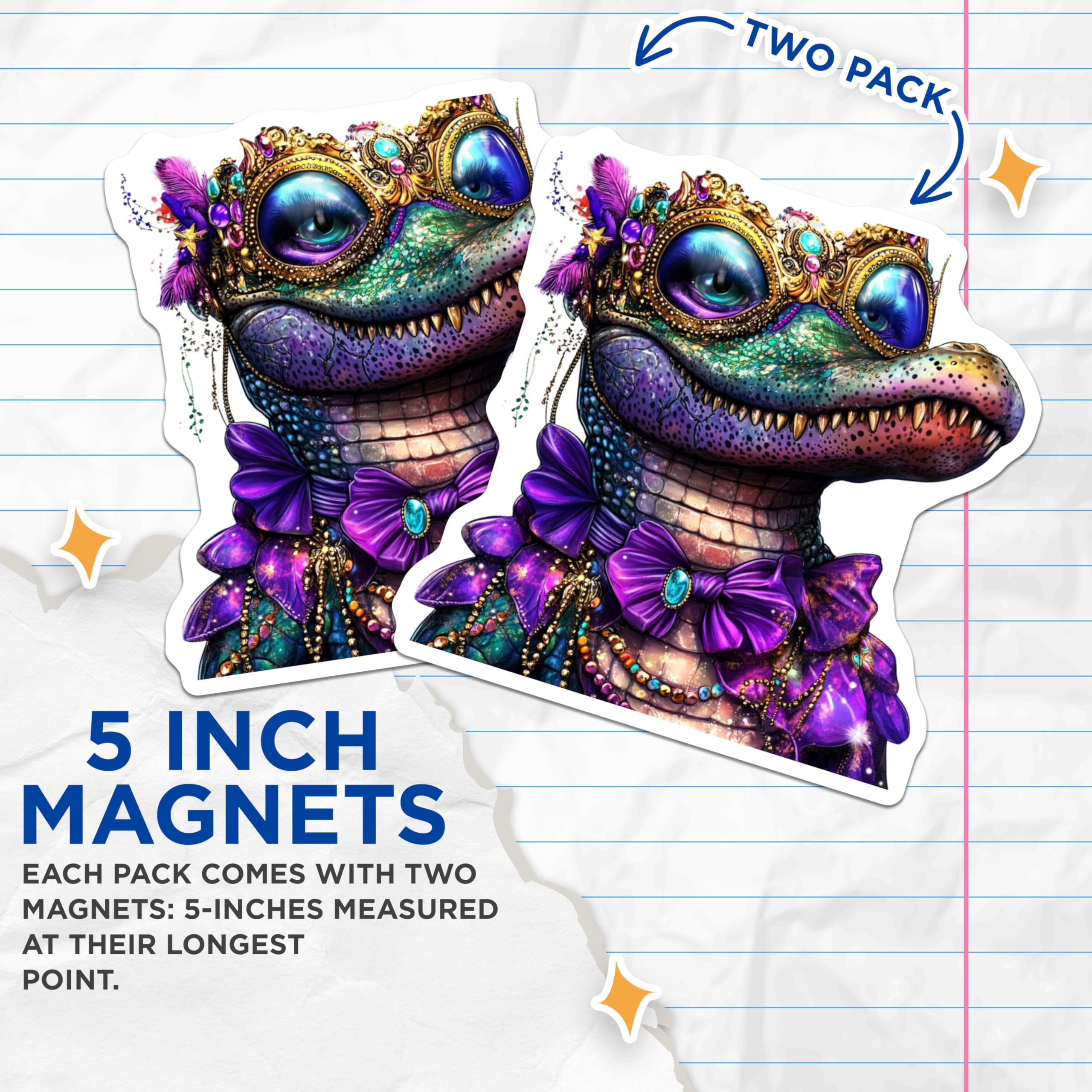 (2 Pack) Alligator Magnets - Mardi Gras Alligator - Decorative Refrigerator Magnets - 5" On Longest Side - Premium Magnet - for Cars, Refrigerators, Toolboxes, Lockers - Made in USA - MAG15846