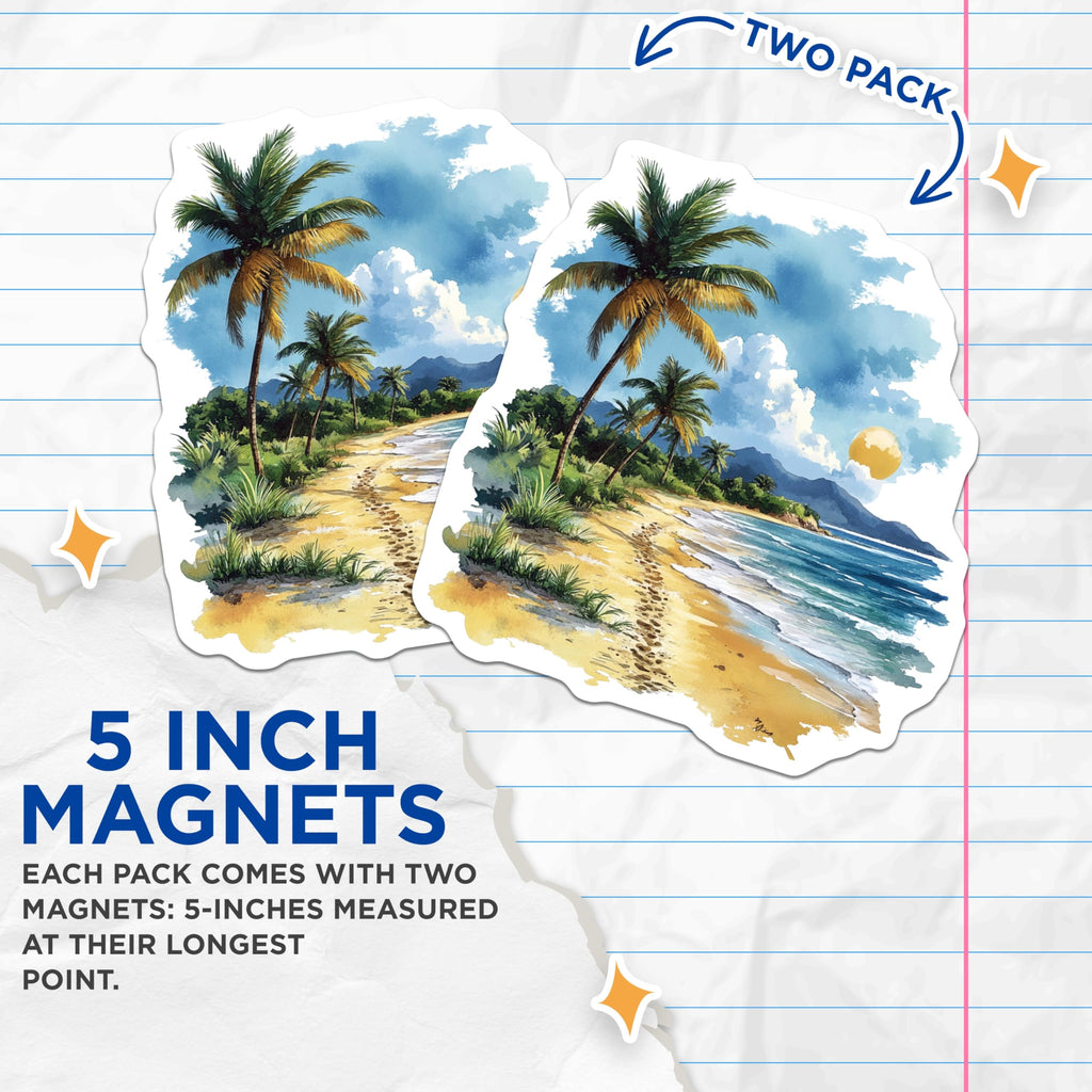 (2 Pack) Watercolor Tropical Beach Magnets - Palm Tree Ocean Scene Art - Coastal Vacation Home Decor - 5 Inches On Longest Side - Thick Durable Magnet - Made in USA - MAG30799