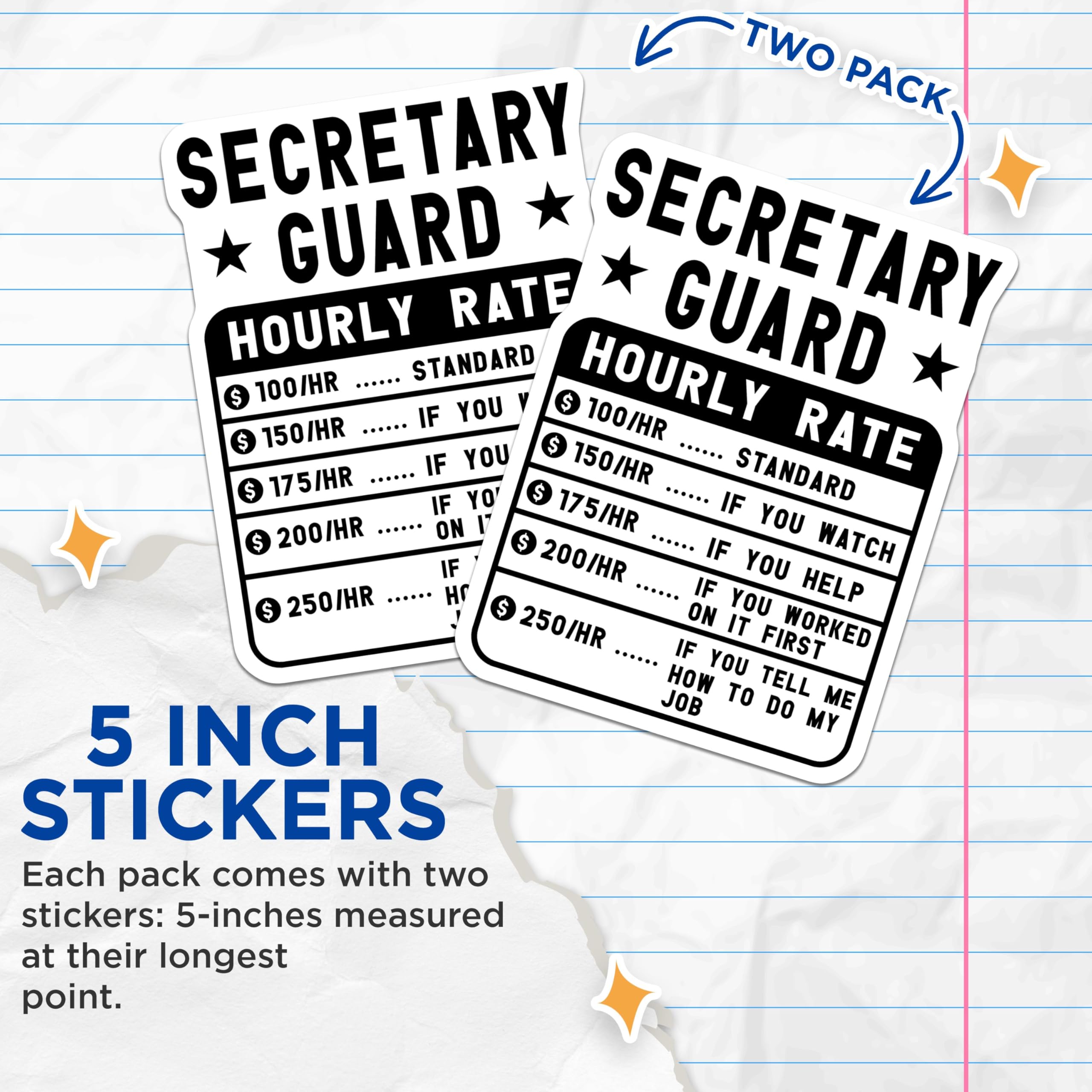 (2 Pack) Secretary Guard Stickers - Hourly Rate Chart Stickers - Funny Office Humor Stickers - 5" On Longest Side - Sticks to Smooth Flat Surfaces - Made in USA - BMCS5028