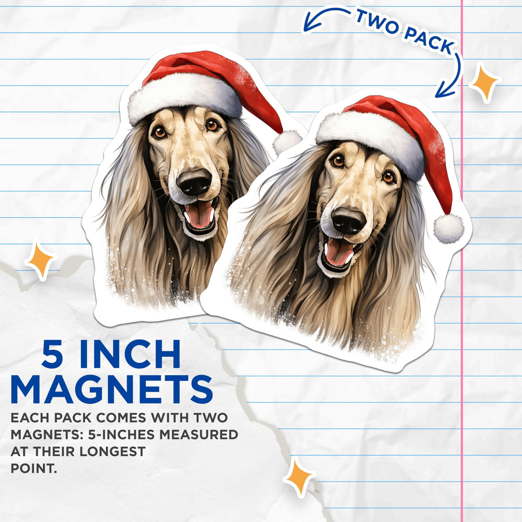 (2 Pack) Christmas Afghan Hound Magnets - Santa Hat Dog Decor - Festive Holiday Animal Lover Accent - 5 Inches On Longest Side - Thick Durable Magnet - Made in USA - MAG29177