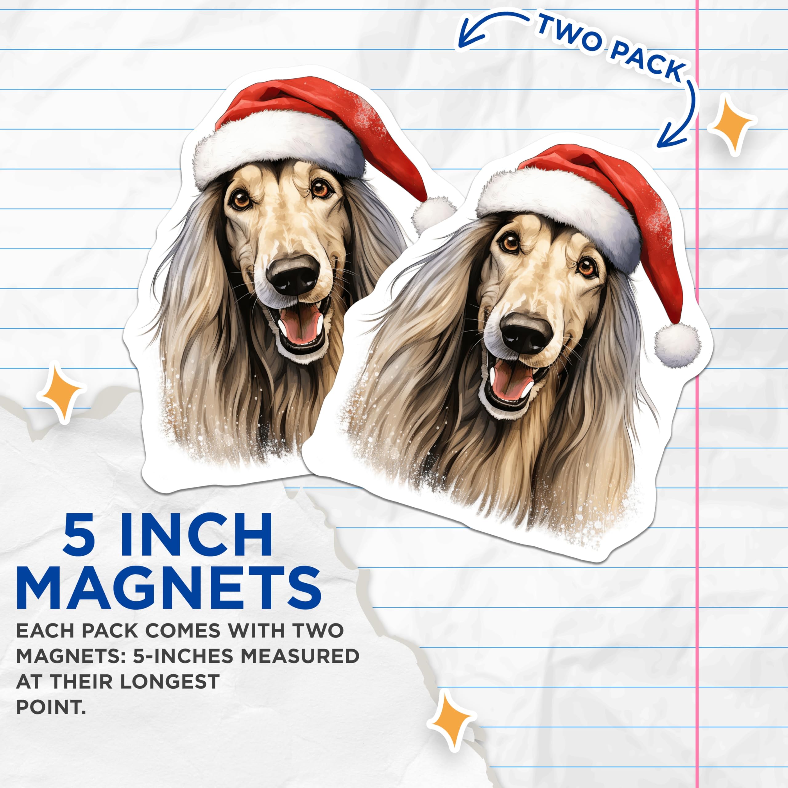 (2 Pack) Christmas Afghan Hound Magnets - Santa Hat Dog Decor - Festive Holiday Animal Lover Accent - 5 Inches On Longest Side - Thick Durable Magnet - Made in USA - MAG29177