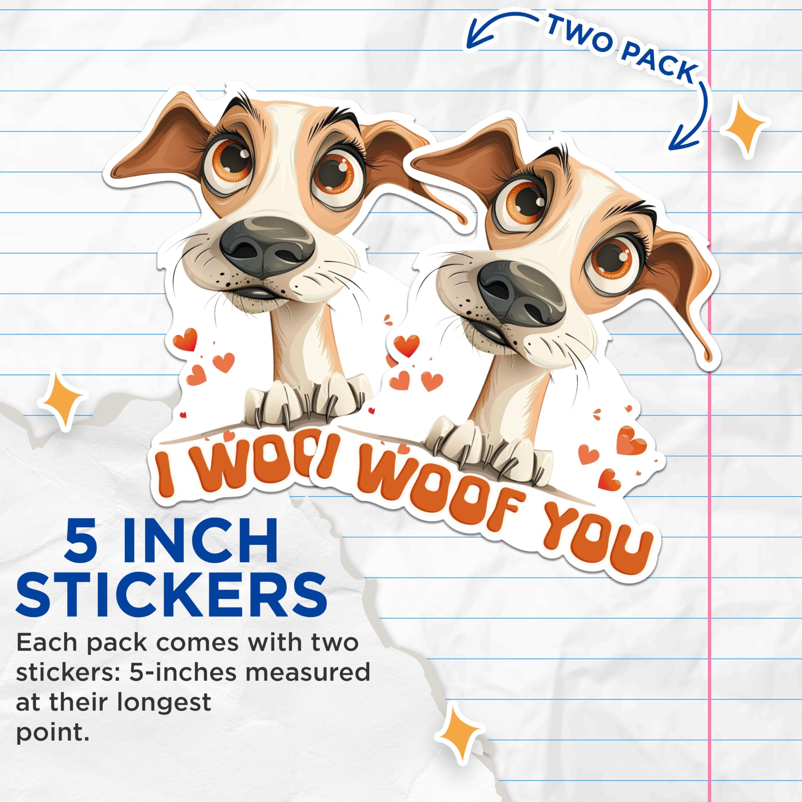 (2 Packs) I Woof You Jack Russell Terrier Stickers - Jack Russell Dog Breed Decals - 5 Inches On Longest Side - Premium Vinyl Decal - Sticks to Any Smooth Flat Surface - Made in USA - BMCS2528