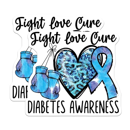 (2 Pack) Fight Love Cure Diabetes Awareness Stickers - Blue Heart Boxing Gloves Stickers - Inspirational Health Stickers - 5" On Longest Side - Sticks to Smooth Flat Surfaces - Made in USA - BMCS4285