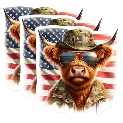 (3 Pack) American Highland Cow Decals - Patriotic Animal - Camo Hat Aviators Decals- 3 Inches On Longest Side - Easy Peel & Apply - Made in USA - 3MCS5132